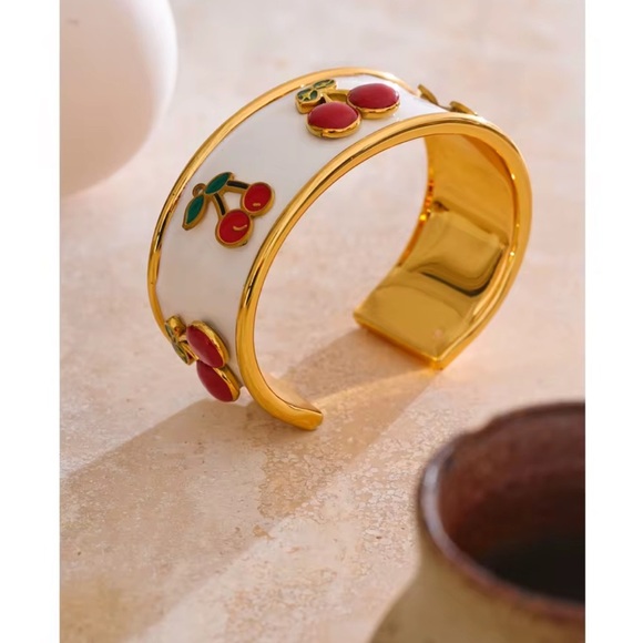 Cherry Enamel Gold Cuff Bracelet – PVD Gold Plated Stainless Steel - Picture 6 of 10